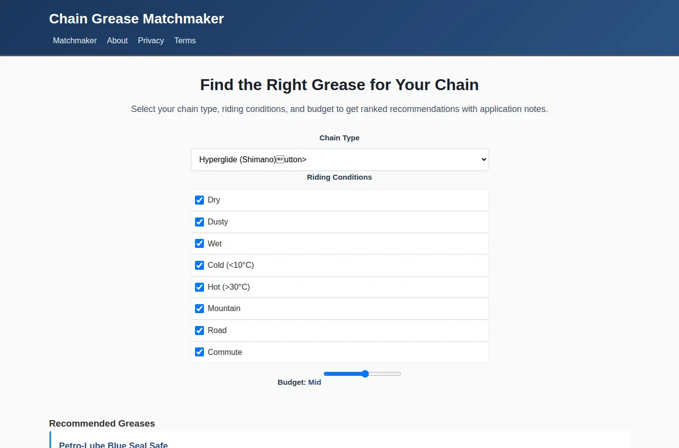 Screenshot of Chain Grease Matchmaker interface showing the project page in use